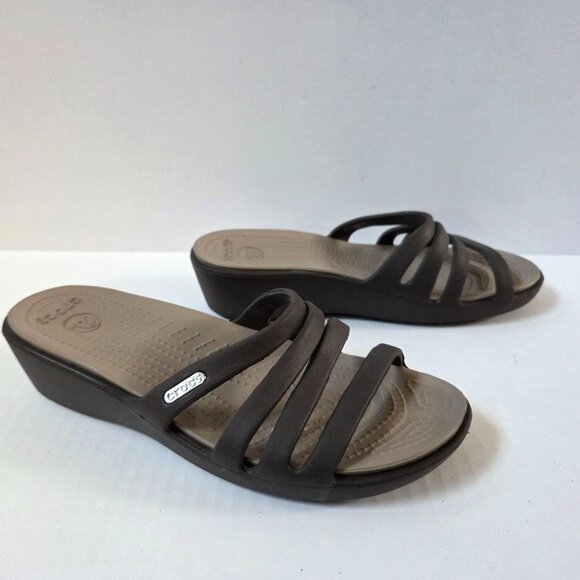 Crocs Sandals Womens 7 Brown Rhonda Strappy Wedge Slides Beach Casual Vacation - Picture 6 of 10
